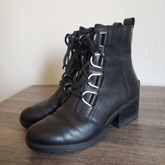 Sorel Cate Waterproof Leather Lace-Up Block Heel Ankle Boots Black 7 Biker Moto - Picture 10 of 12